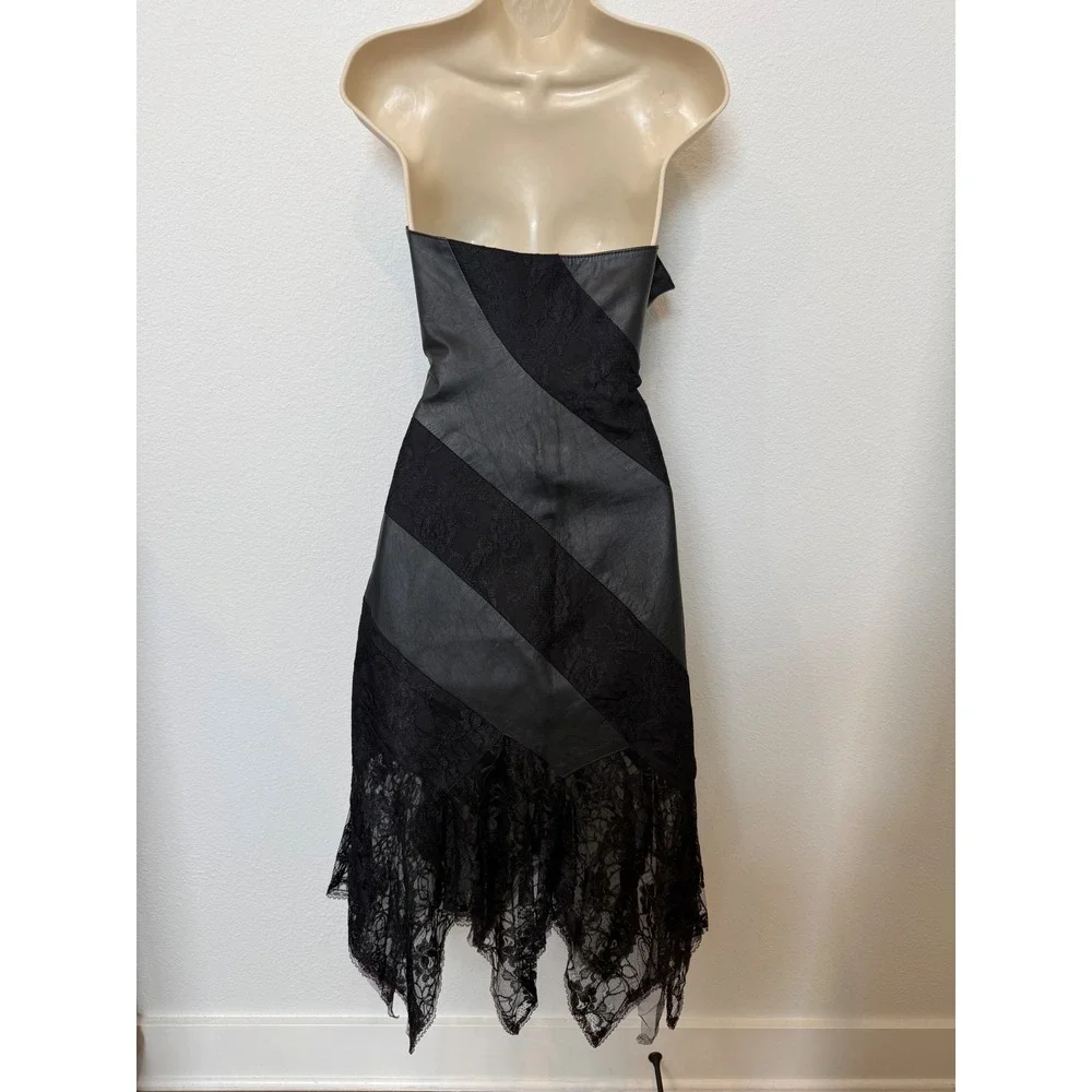 David Howard Y2K Strapless Sweetheart Neck Lace Faux Leather Goth Dress S - Picture 2 of 8